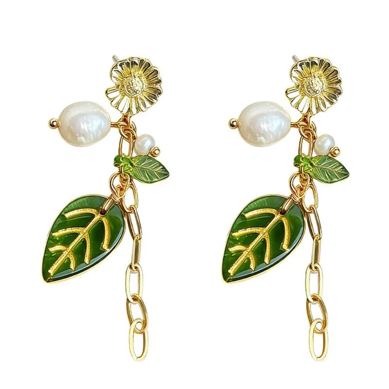Natural Freshwater Pearl Floral Leaf Tassel Drop Earrings Handmade Forest Style Jewelry