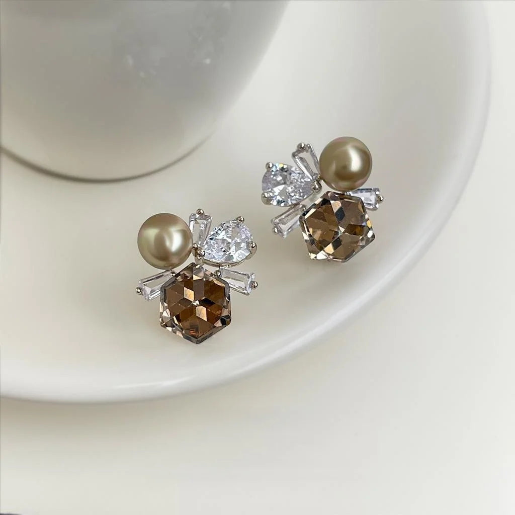 Elegant Vintage Coffee Glass Crystal Zircon Pave Copper Stud Earrings