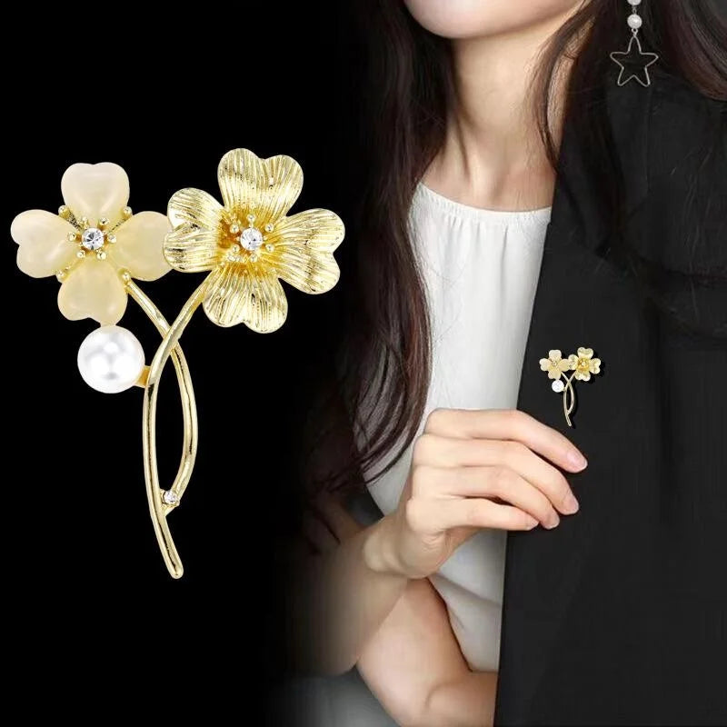 Elegant Double Flower Brooch With Faux Pearl And Rhinestone, Gold Alloy Lapel Pin Corsage Gift