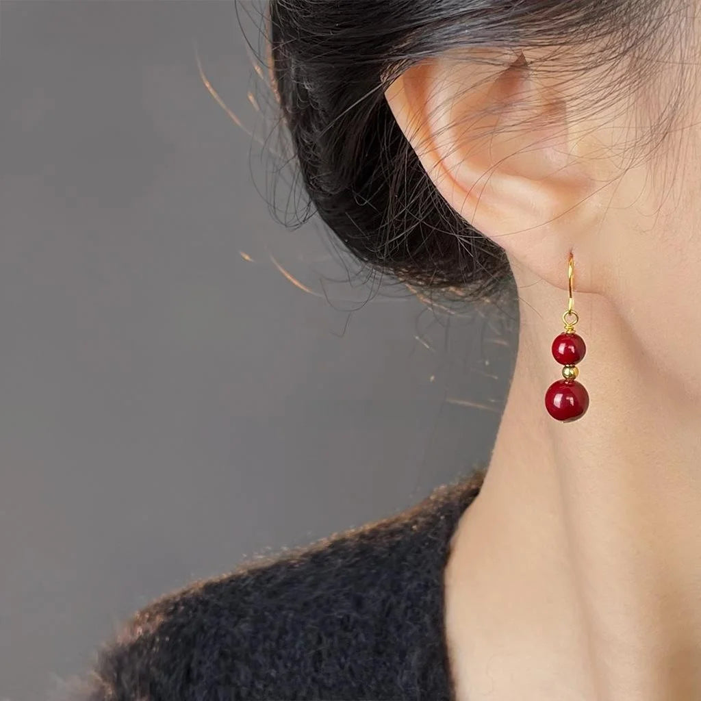 French Vintage Red Glass Tassel Drop Earrings Handmade Palace Geometric Jewelry for Women
