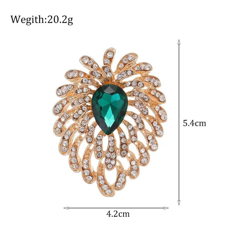 Vintage Peacock Tail Brooch With Red Glass Teardrop And Rhinestone Feather, Elegant Lapel Pin Gift