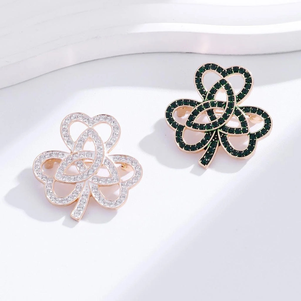 Elegant Hollow Clover Brooch With Green Rhinestones, Gold Alloy Lapel Pin Scarf Clip Suit Accessory Gift