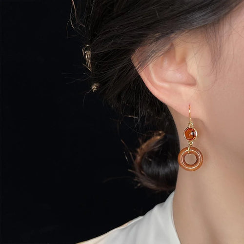 Handmade Ethnic Vintage Wooden Hollow Glass Crystal Peace Buckle Drop Earrings