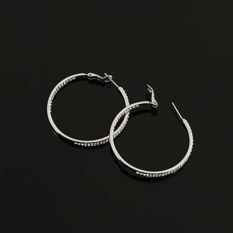 Luxury Rhinestone Spiral Coil Large Hoop Women's Stud & Clip On No Piercing Silver Alloy Earrings
