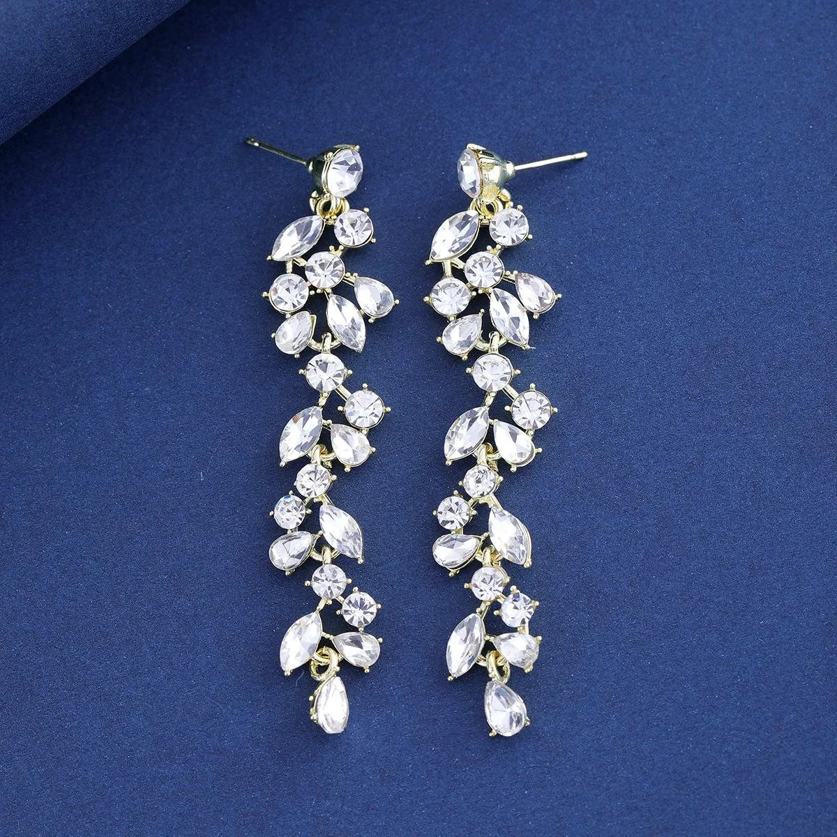 Korean Elegant Long Tassel Drop Earrings With Zircon Rhinestone Petal Design For Wedding Party