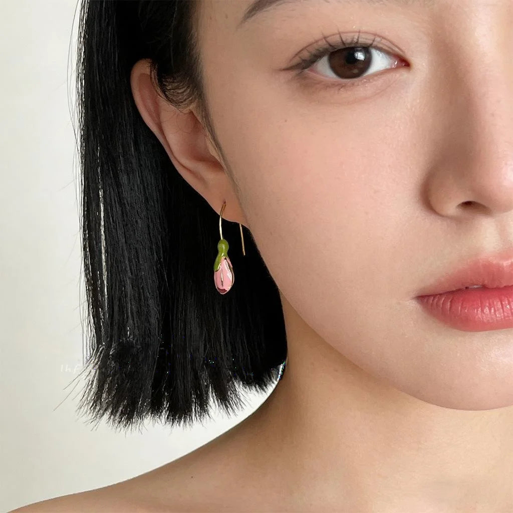 Sweet Forest Style Enamel Tulip Flower Drop Earrings For Women Handmade Eco Copper Jewelry