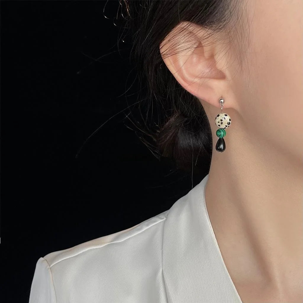 Vintage Natural Stone Geometric Round Line Handmade Drop Earrings For