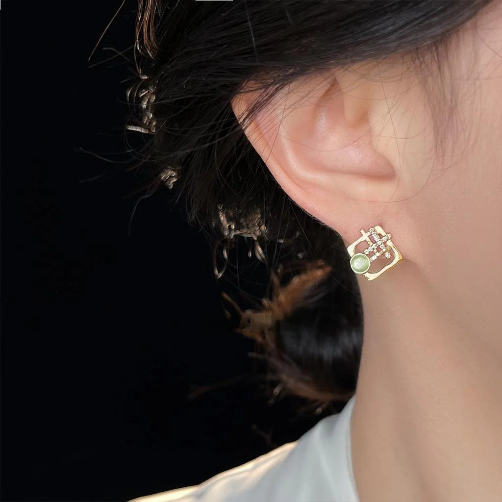 Light Luxury Geometric Glass Cat Eye Micro Pave Zircon Copper Stud Earrings