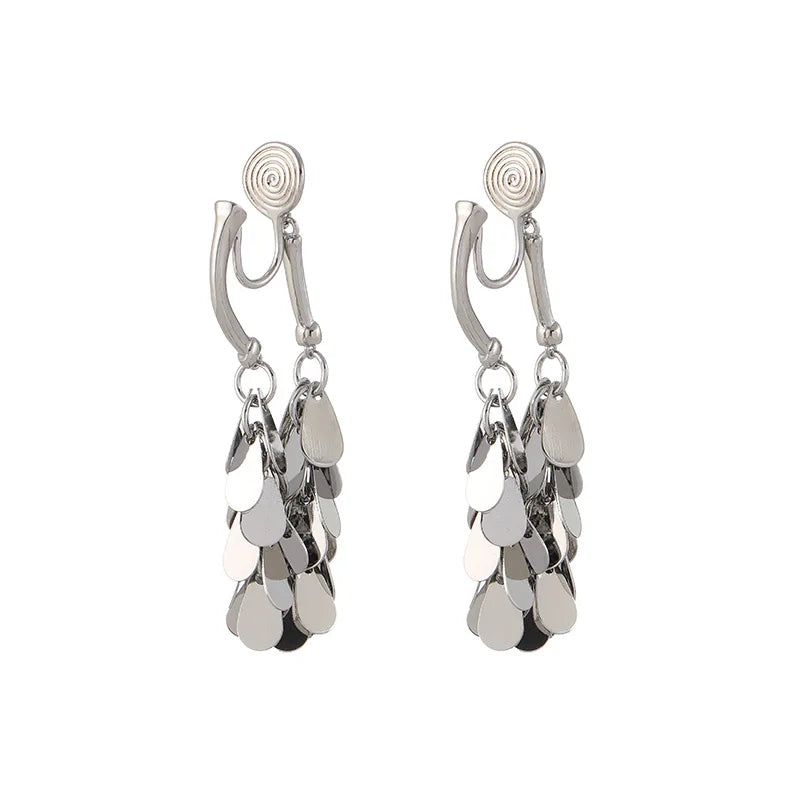 Luxury Wheat Tassel Alloy Sequin Hoop Stud & Clip On No Piercing Face Slimming Drop Earrings