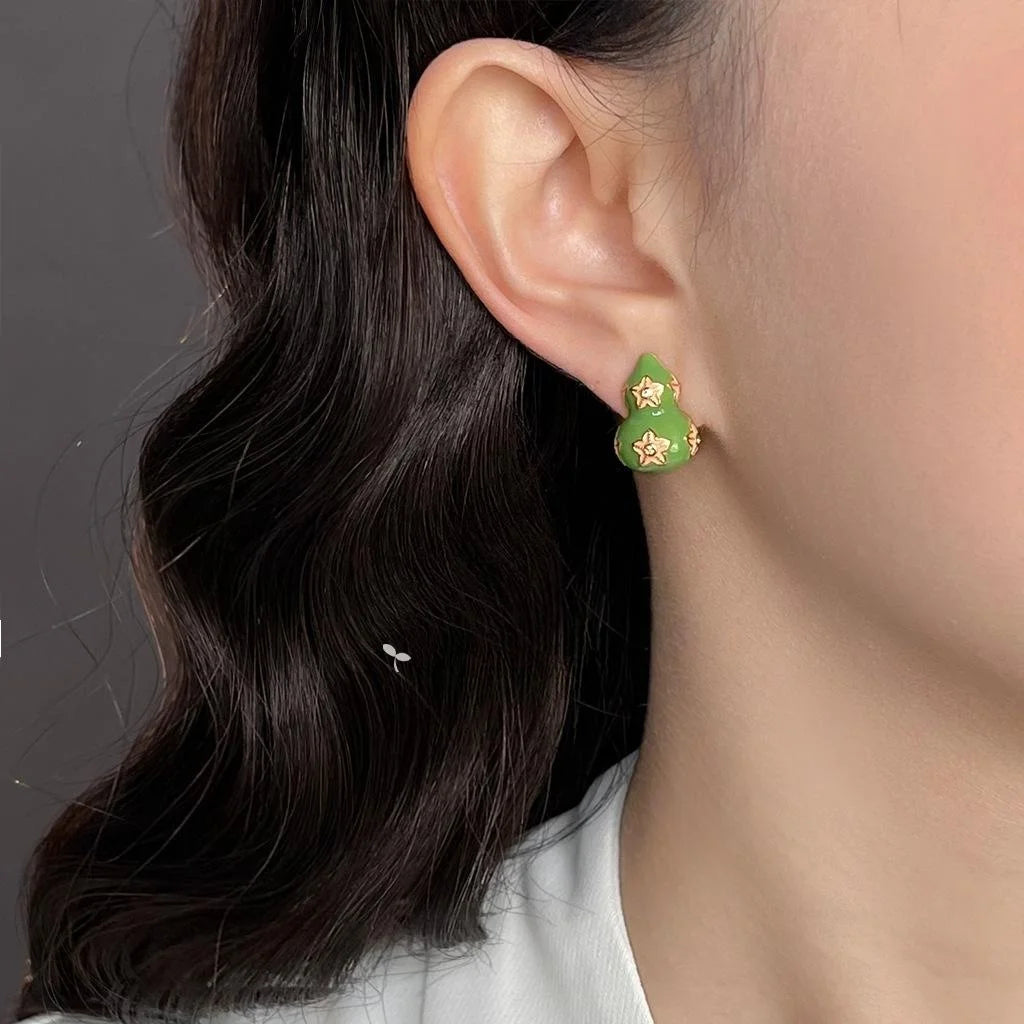 Light Luxury Copper Enamel Drip Glaze Gourd Flower Stud Earrings With Silver Plated Pins