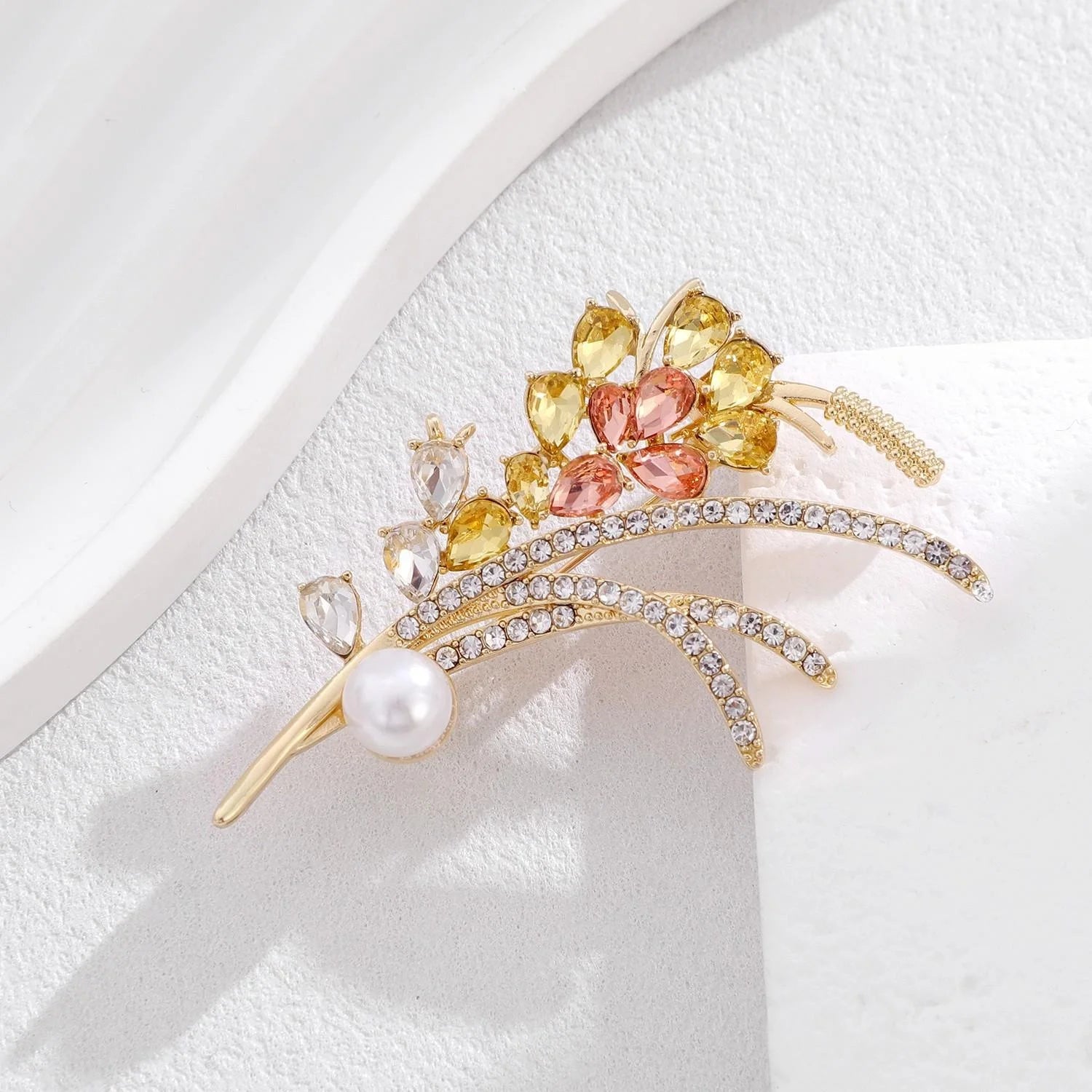 Elegant Wheat Ear Flower Brooch With Rhinestone Crystal Pearl, Gold Alloy Lapel Pin Corsage Suit Accessory