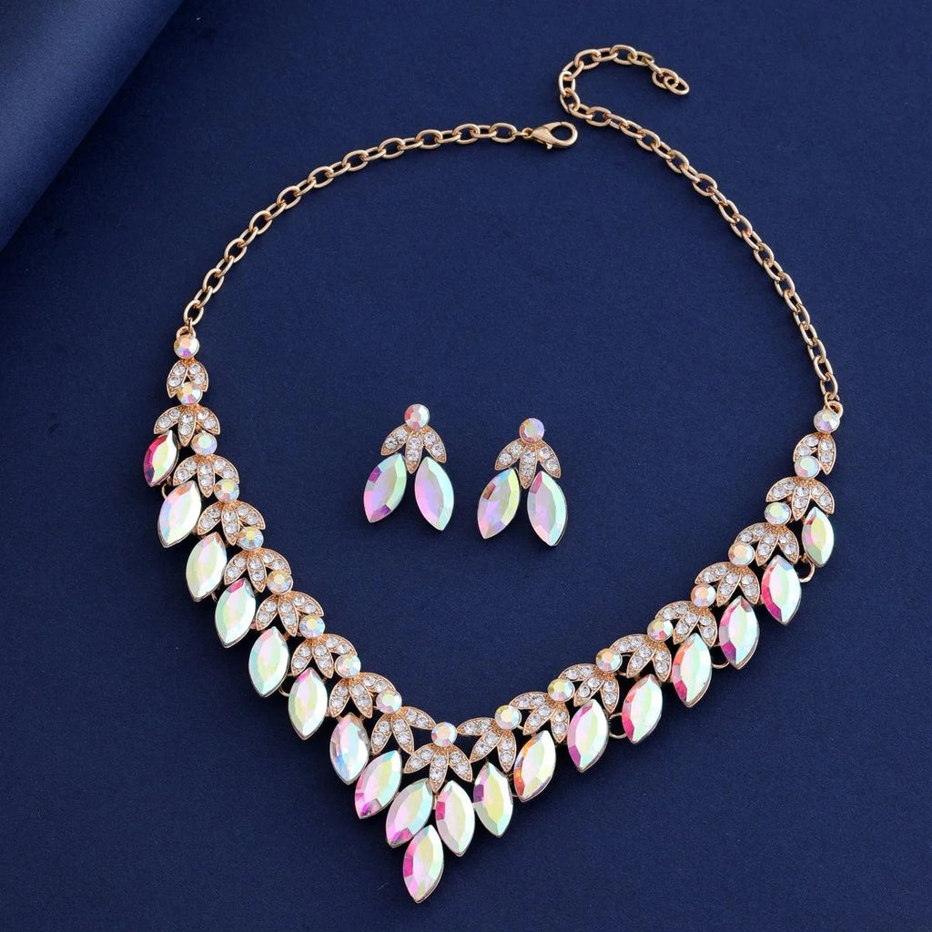 Luxury Vintage Emerald Green Crystal Rhinestone Necklace And Earrings Jewelry Set For Women Wedding Party Gift