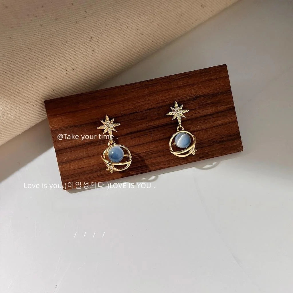 14K Plated Copper Galaxy Star Stud Earrings With Blue Cat Eye Glass And Micro Pave Zircon Style