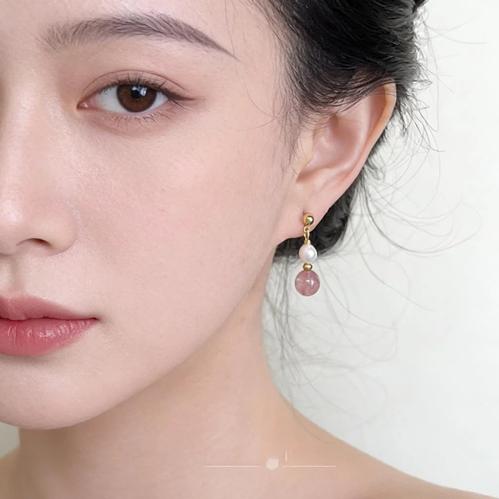 Handmade Strawberry Quartz Pearl Geometric Stud Earrings 14K Gold Plated Minimalist Jewelry