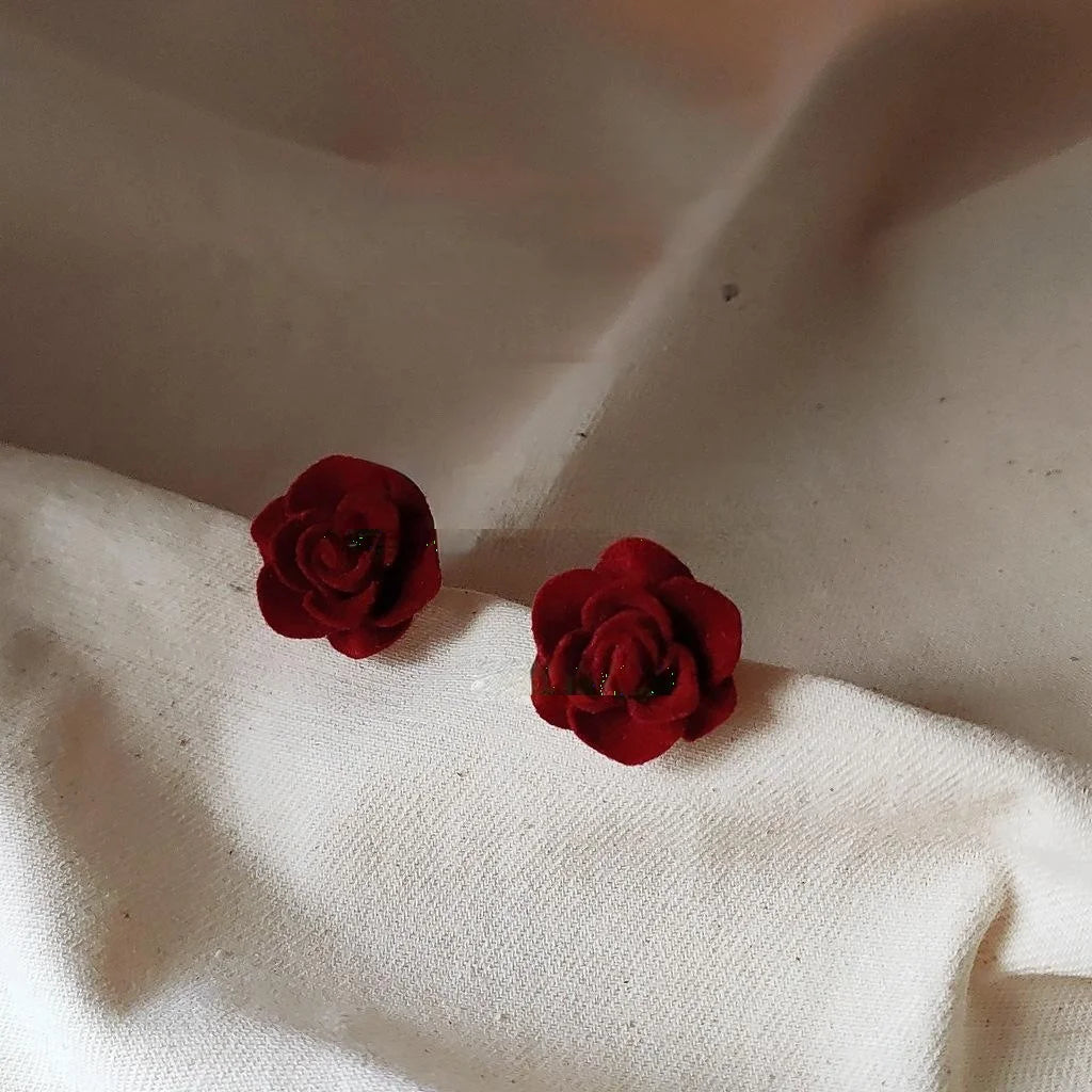 French Vintage Burgundy Flocked Resin Rose Flower Stud Earrings With Silver Plated Pins