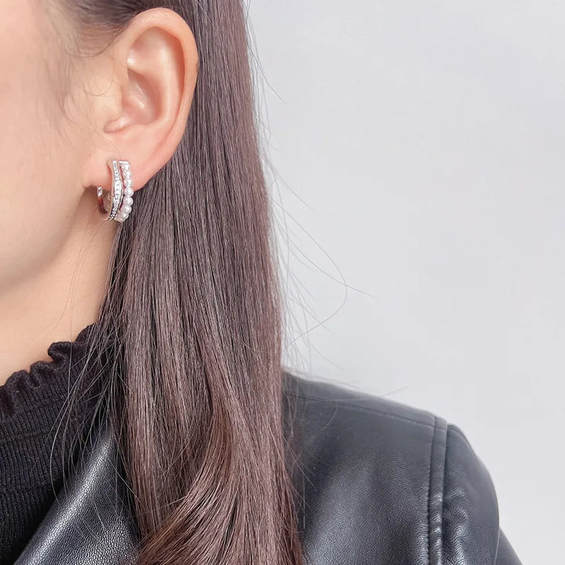 Elegant Pearl Beaded Zircon Hoop Stud & Clip On No Piercing Silver Alloy C-Shaped Huggie Earrings