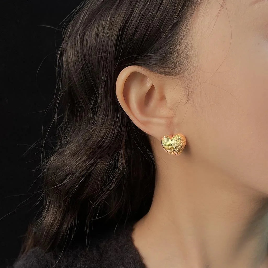 14K Gold Plated Copper Heart Stud Earrings Handmade Hammered Sand Texture Geometric Minimalist Jewelry