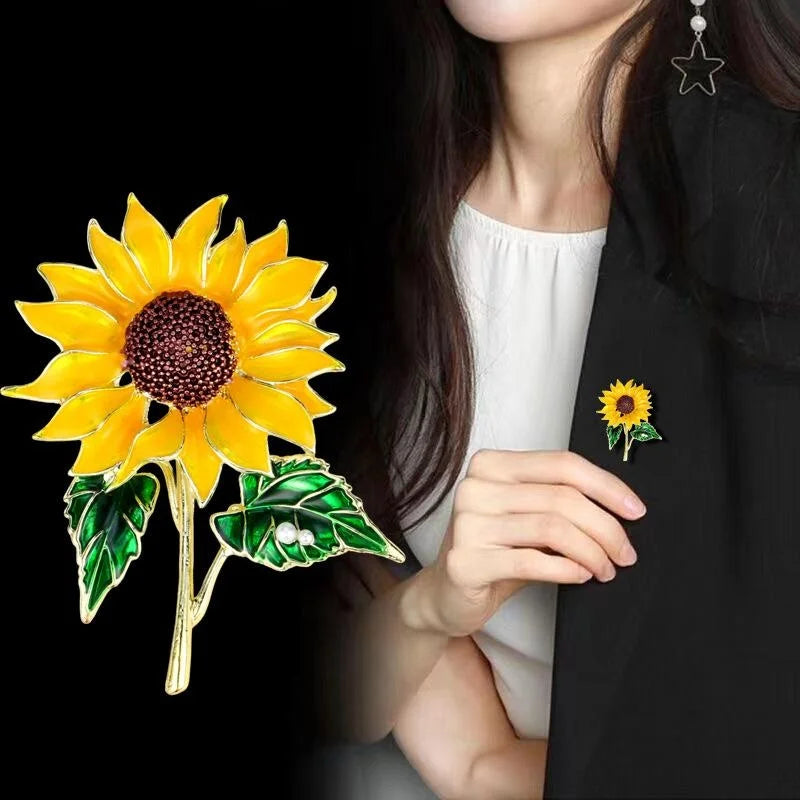 Elegant Enamel Sunflower Brooch With Rhinestone Center, Floral Lapel Pin Corsage Suit Accessory Gift
