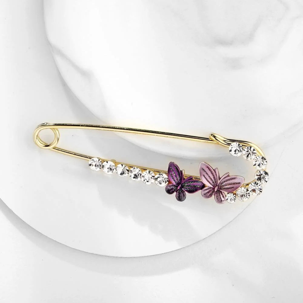 Elegant Gold Alloy Safety Pin Brooch With Rhinestone Butterfly Charm, Women's Lapel Pin Scarf Corsage Gift