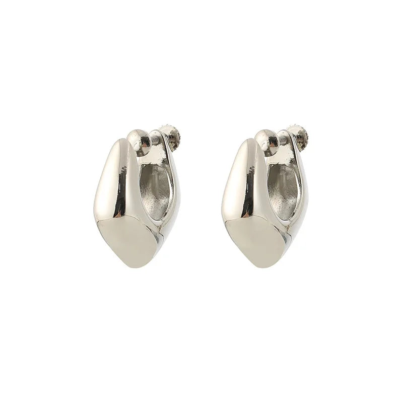 Minimalist Smooth Silver Alloy Geometric Hoop Ear Cuffs, Elegant Stud & Clip On No Piercing Earrings