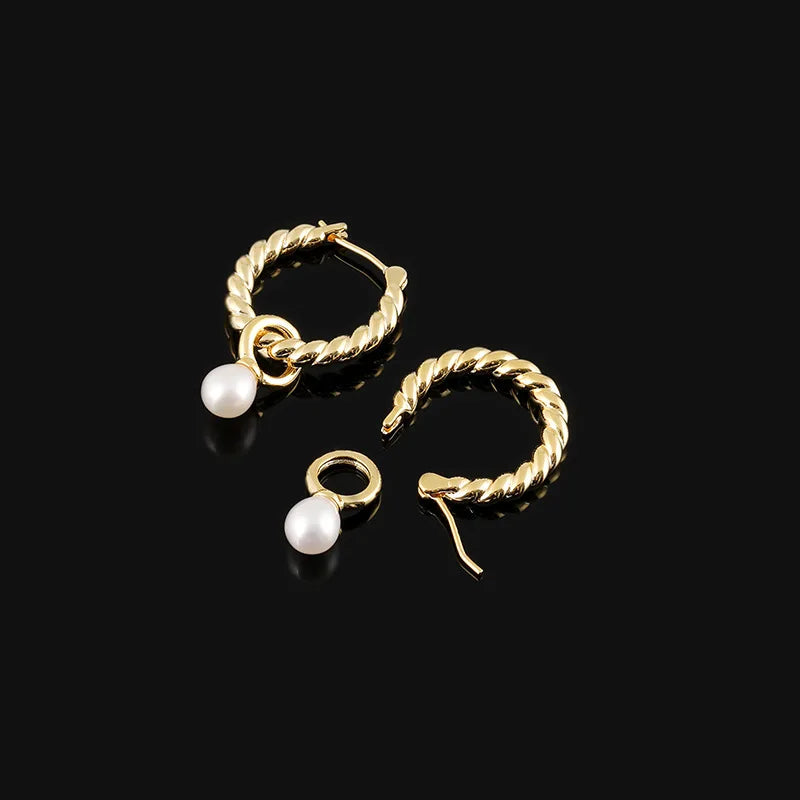 Elegant Twisted Hoop Freshwater Pearl Dangle Stud & Clip On No Piercing Spiral Ear Cuff Earrings