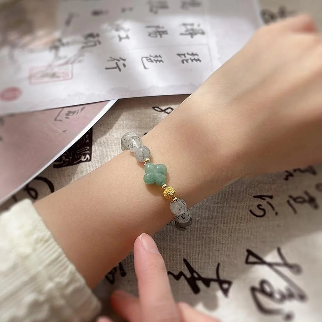 Vintage Ethnic Natural Stone Black Rutilated Quartz Aventurine Crystal Beaded Bracelet