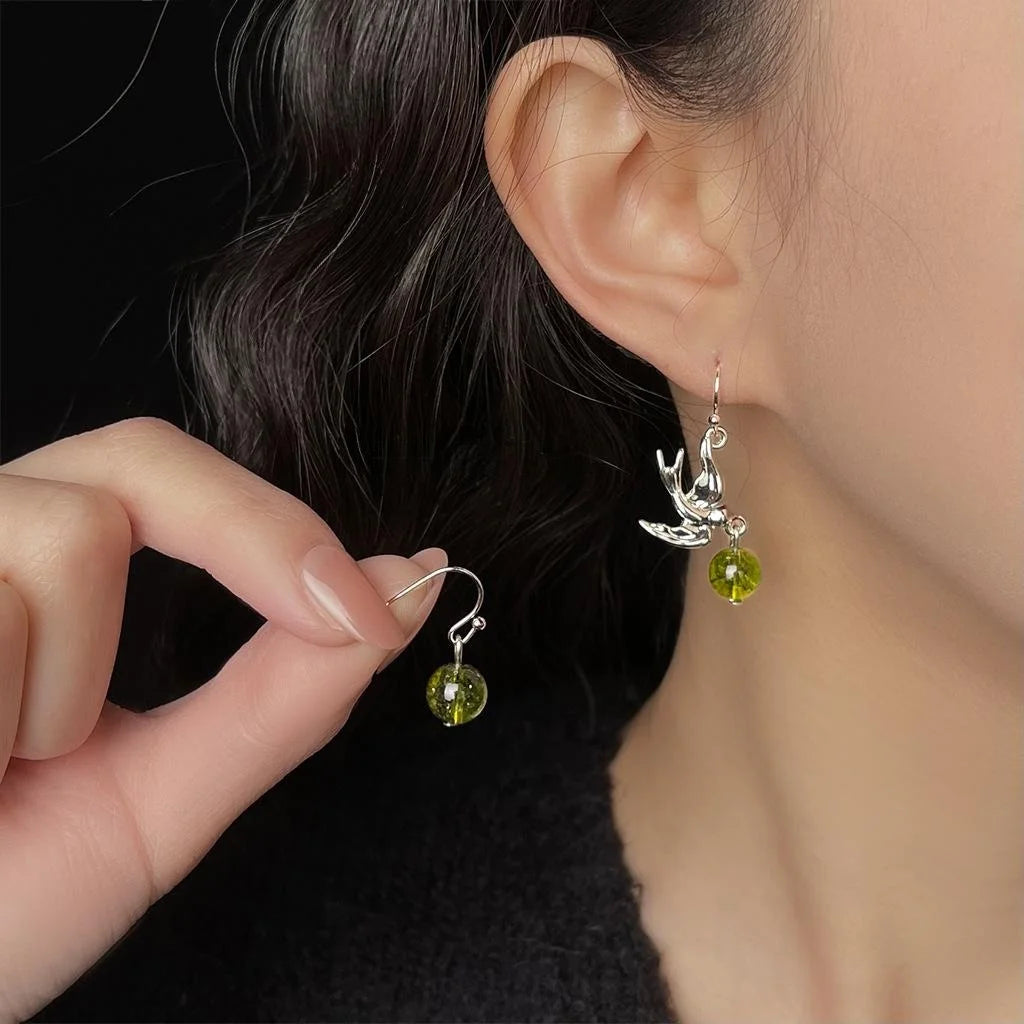 Green Phantom Crystal Bird Drop Earrings Handmade Asymmetric Forest Style Natural Stone Jewelry