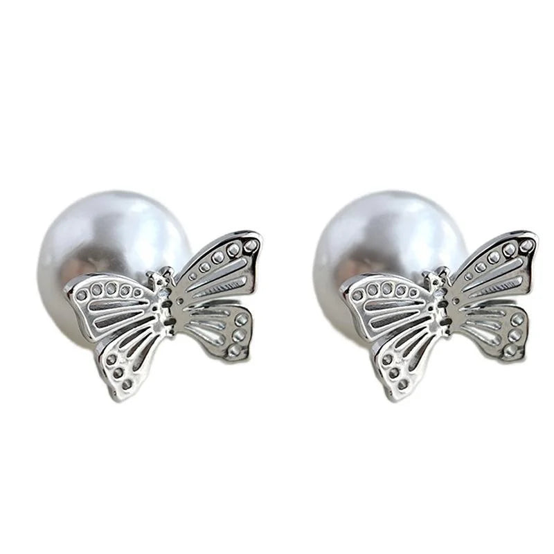 Two-Way Butterfly Stud Earrings Copper Hollow Lightweight Pearl Elegant Commuter Jewelry