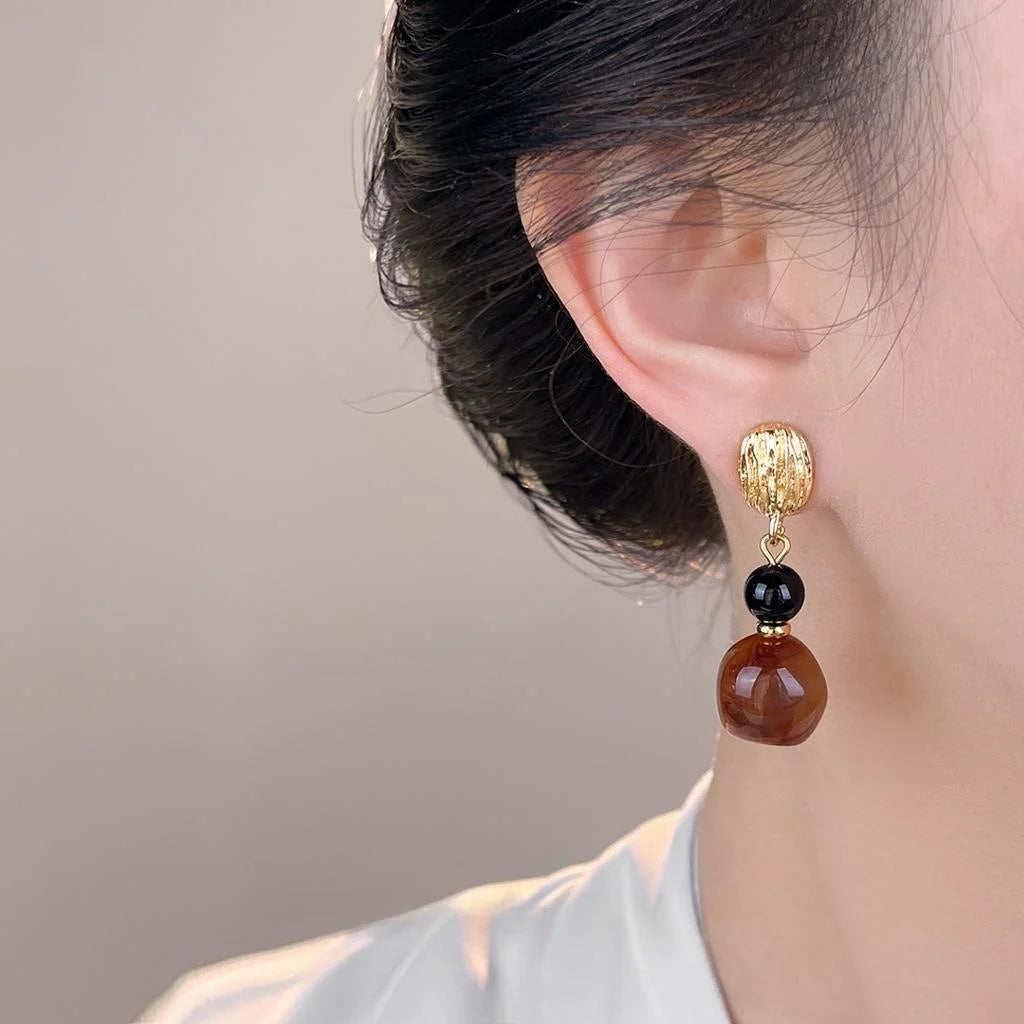 Handmade Maillard Style Ombre Resin Black Onyx Geometric Tassel Drop Earrings With Copper