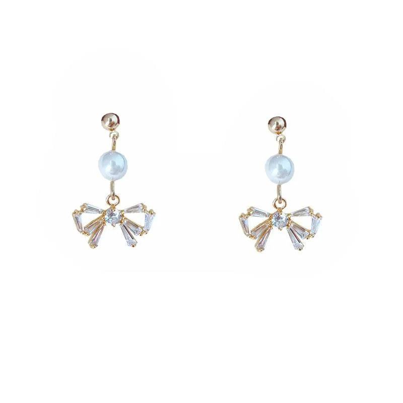 Korean Simple Zircon Bow Stud Earrings 14K Gold Plated Silver Handmade Jewelry