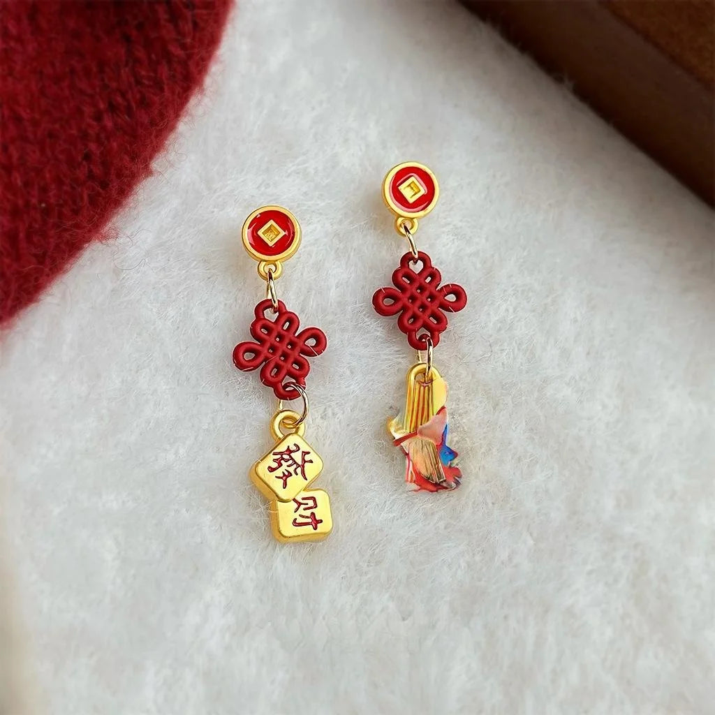 Chinese Style Geometric Copper Enamel Horse Year Knot Drop Earrings