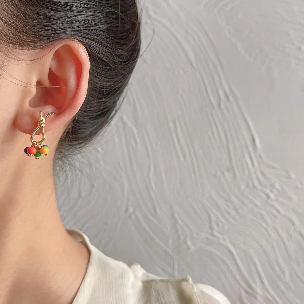 Ethnic Style Copper Stud Earrings With Colorful Glass Beads Rope Knot Geometric Vacation Design