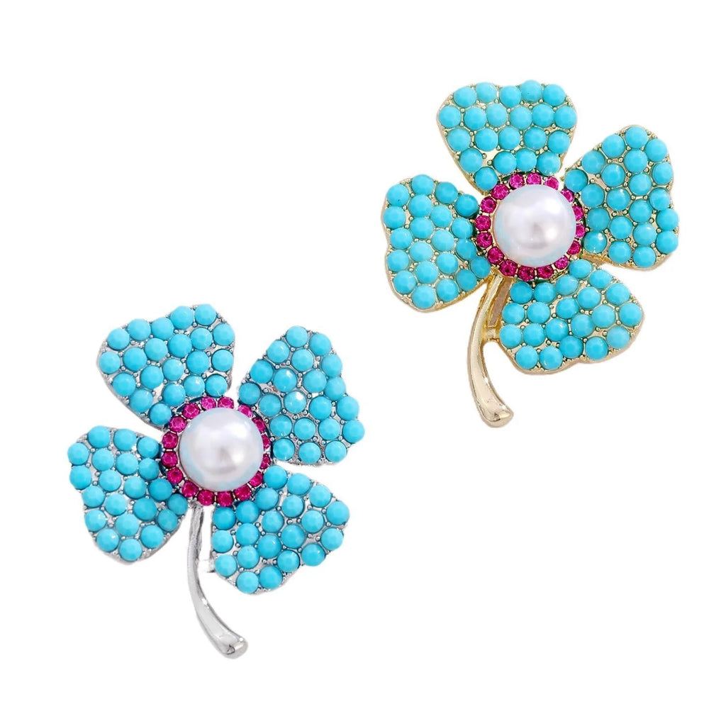 Elegant Four Leaf Clover Brooch With Turquoise Beads, Pearl And Rhinestone Lapel Pin Suit Accessory Gift