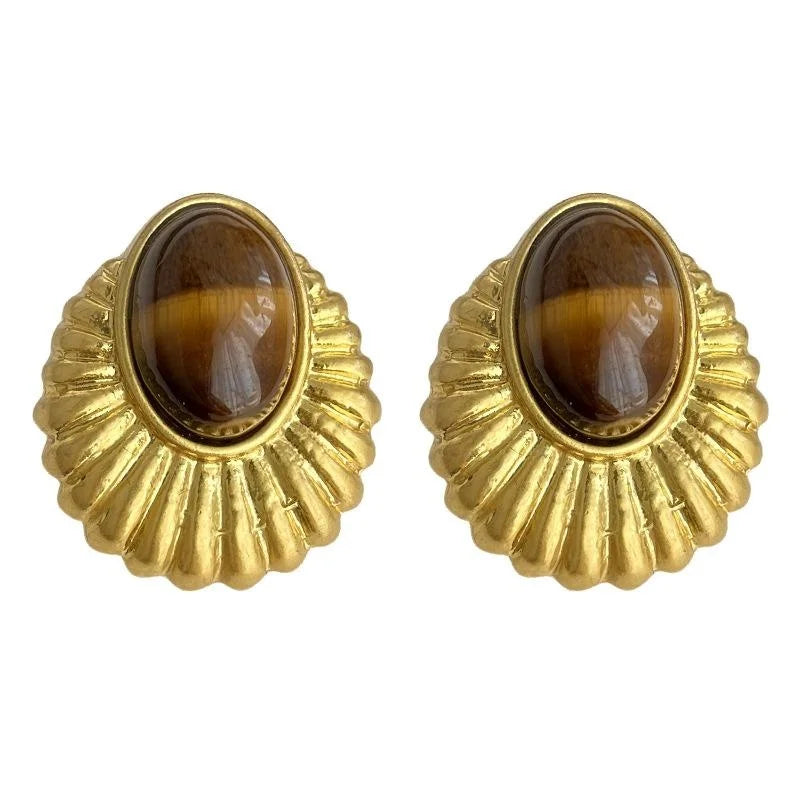 Vintage Tiger Eye Natural Stone Geometric Drop Earrings 14K Gold Plated Copper Ethnic Style