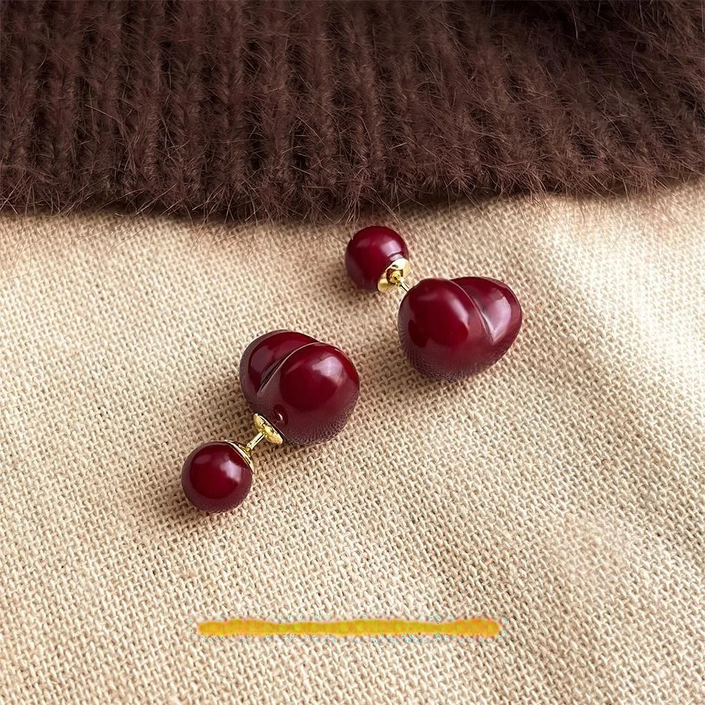 Vintage Burgundy Heart Ball Double Sided Copper Stud Earrings