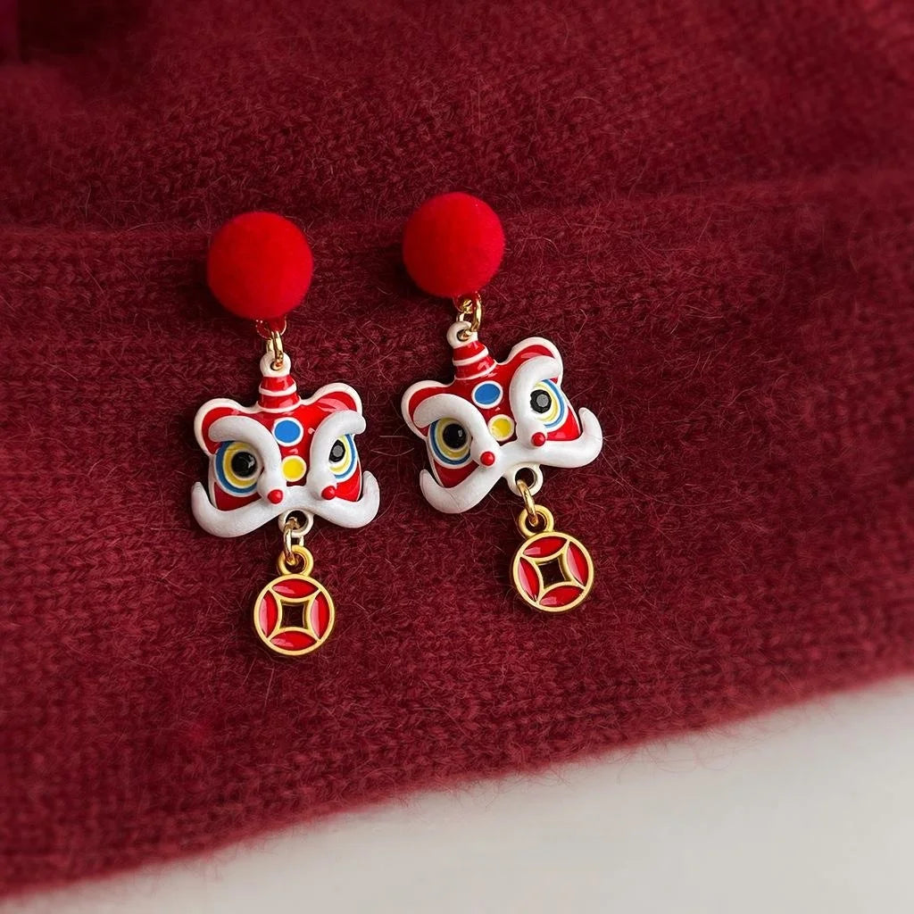 New Chinese Lion Dance Drop Earrings Flocked Enamel Drip Glaze Hand Painted New Year Jewelry