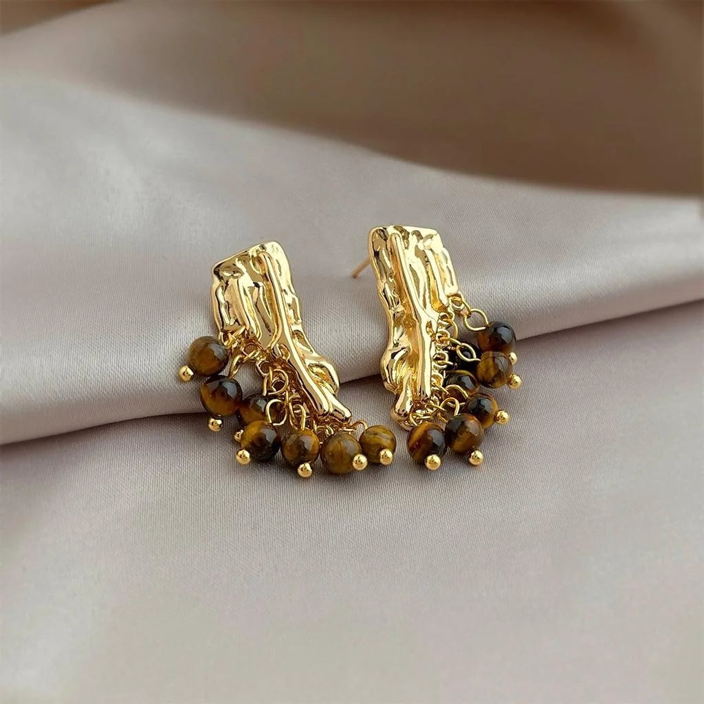 Maillard Style Vintage Natural Tiger Eye Stone Geometric Tassel Drop Earrings