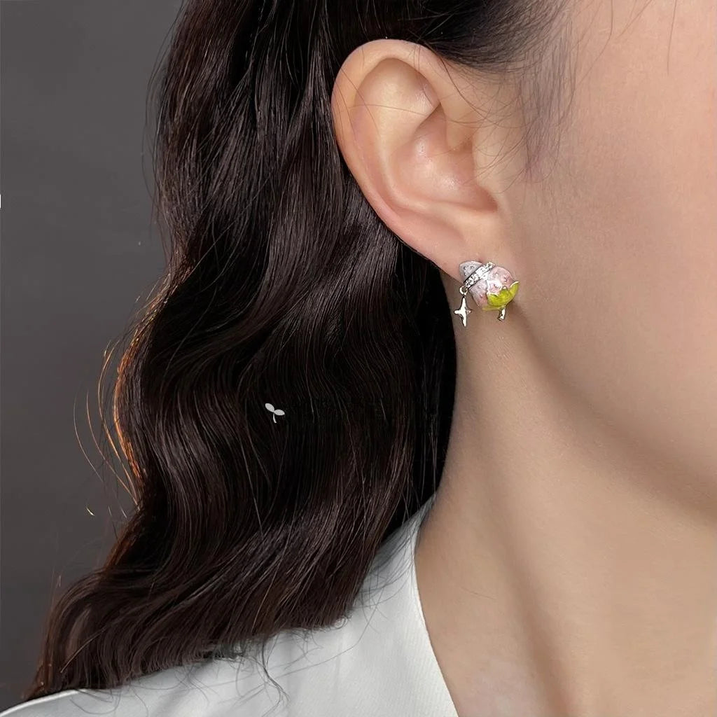 Sweet Strawberry Star Copper Stud Earrings, Cute Cream Girl Designer Style