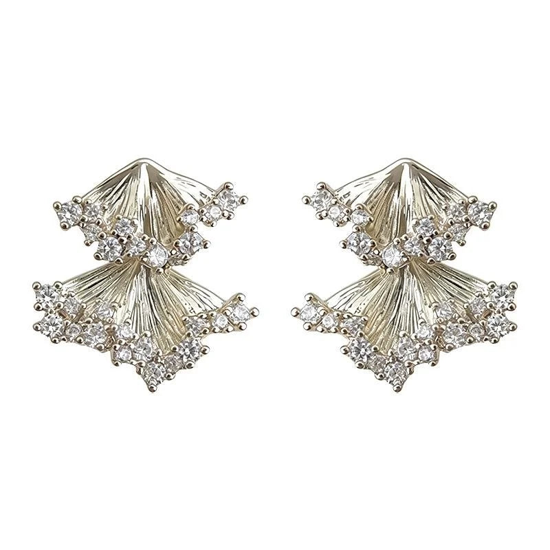 Champagne Gold Micro Pave Zircon Geometric Ginkgo Leaf Tassel Drop Earrings Eco Copper