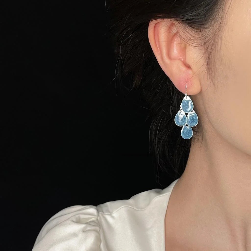 Vacation Style Blue Tassel Waterdrop Copper Drop Earrings, Ethnic Geometric Long Dangle Jewelry