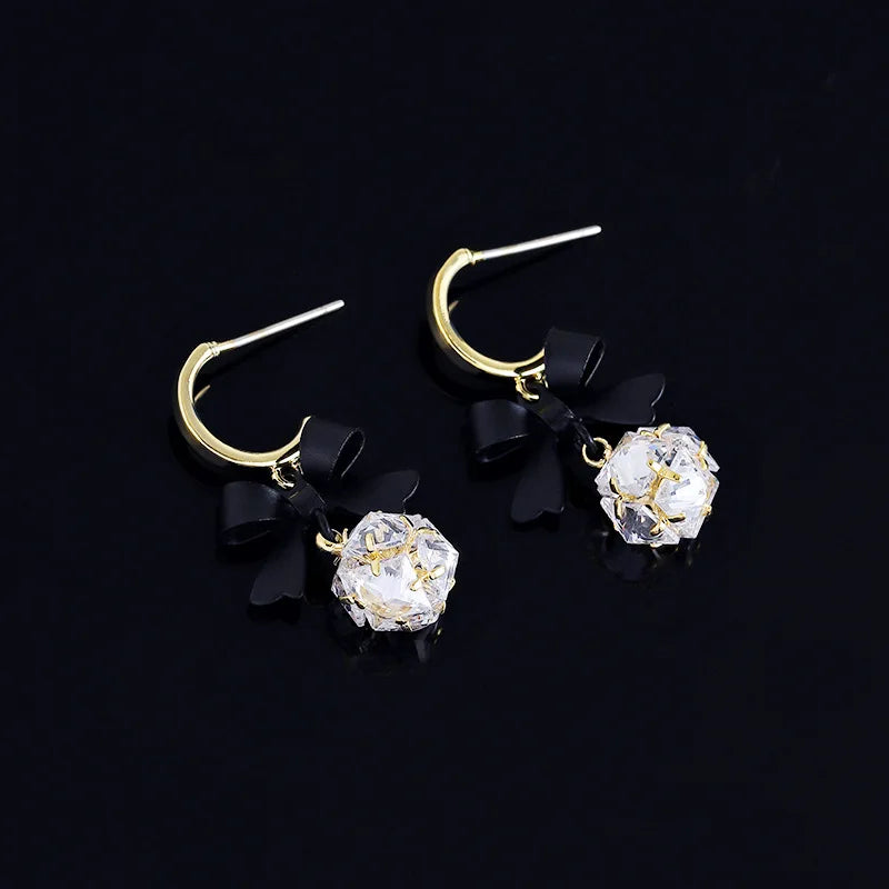 Vintage Black Bow Alloy Zircon Crystal Drop Stud & Clip On No Piercing Luxury Dangle Earrings