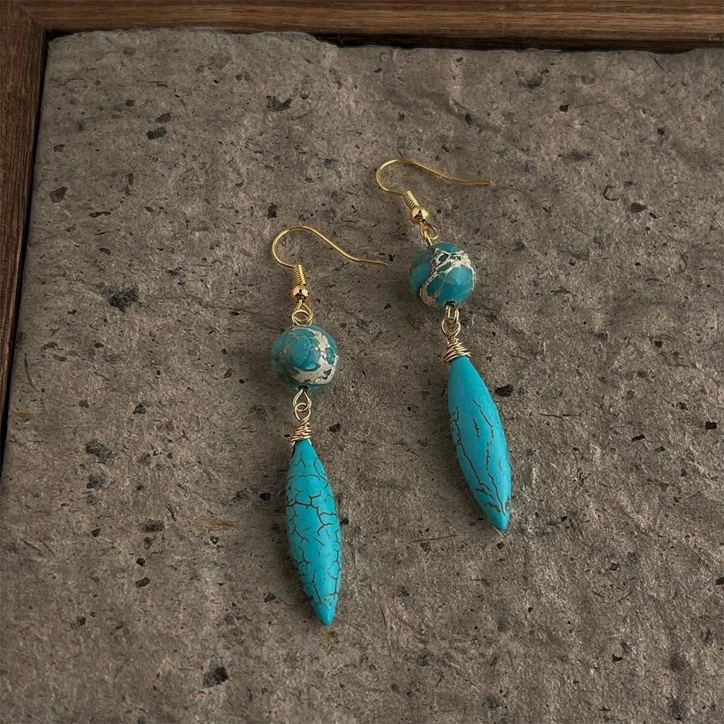 Handmade Vintage Ethnic Synthetic Turquoise Imperial Stone Teardrop Drop Earrings