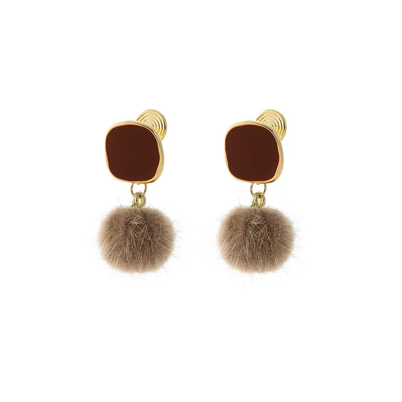 Elegant Brown Enamel Geometric Fuzzy Pom Pom Alloy Stud & Clip On No Piercing Drop Earrings