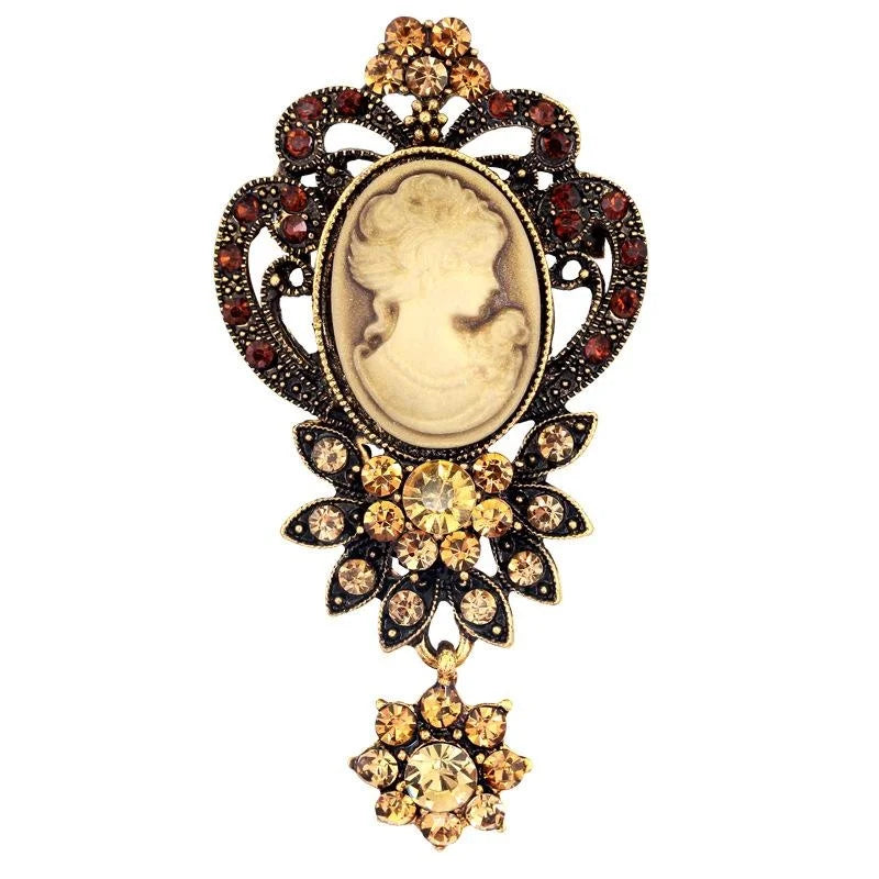 Vintage Beauty Cameo Portrait Alloy Rhinestone Hollow Brooch, Elegant Women's Lapel Pin Suit Accessory