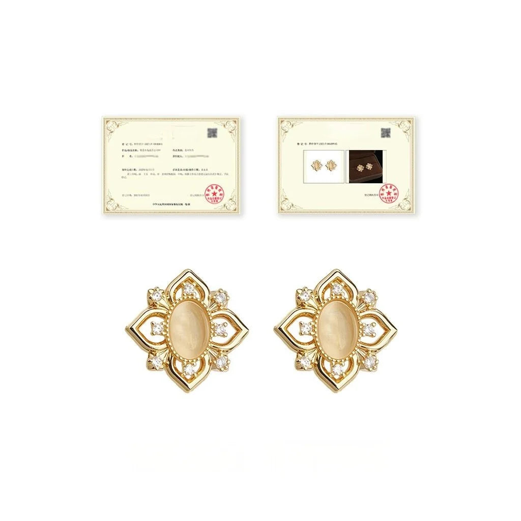 Light Luxury 14K Plated Copper Geometric Hollow Stud Earrings With Zircon Glass Cat Eye Stones