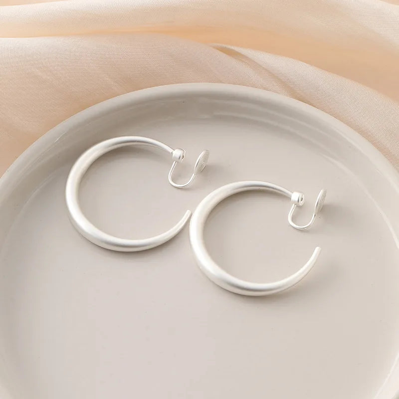 Matte Silver Alloy Open Hoop With Spiral Disc, Minimalist Stud & Clip On No Piercing Earrings