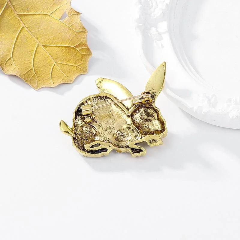 Cute Rhinestone Rabbit Brooch With Enamel Ears, Gold Alloy Animal Lapel Pin Corsage Suit Accessory Gift