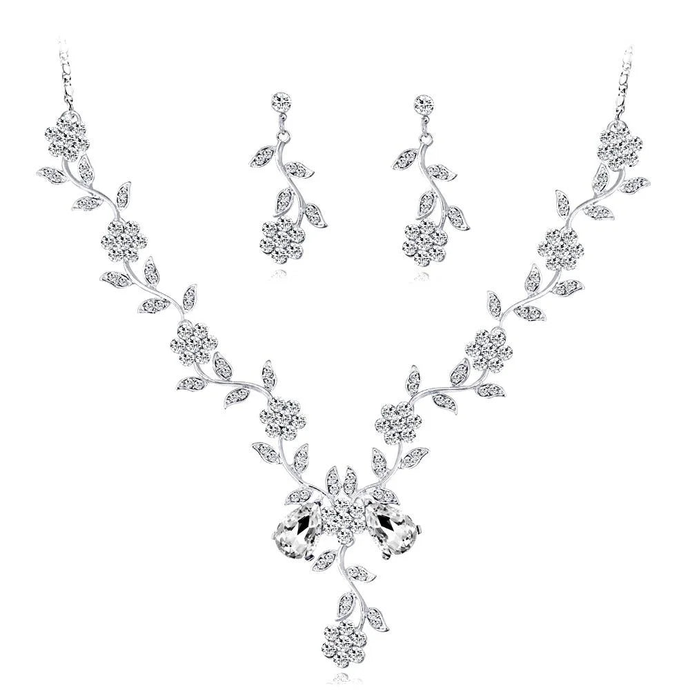 Elegant Bridal Rhinestone Crystal Flower Vine Necklace Earrings Jewelry Set For Wedding Party Gift
