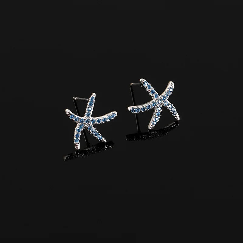 Elegant Blue Zircon Starfish Stud & Clip On No Piercing Beach Vacation Alloy Fashion Earrings