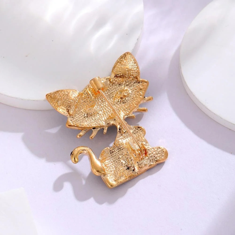Cute Black Enamel Cat Brooch With Green Rhinestone Eyes, Gold Alloy Lapel Pin Corsage Suit Accessory Gift